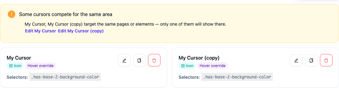 Multiple cursor configurations list, Pro feature, showing an overlapping-scope warning
